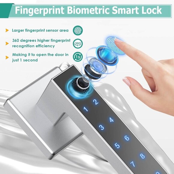 Fingerprint Door Lock Keyless Entry Door Lock with Handle, Smart Bluetooth - Picture 7 of 9